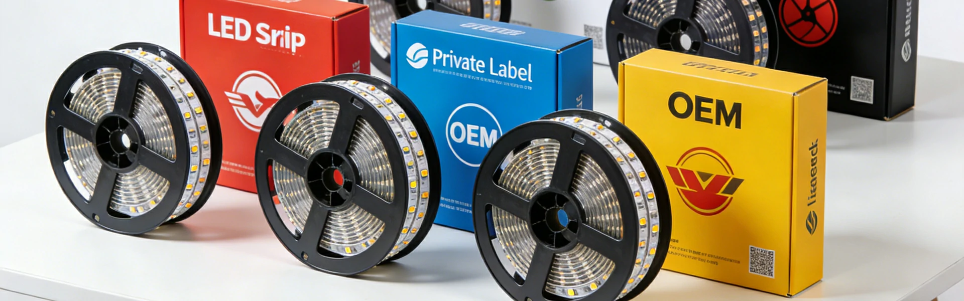 LED strip reels with different brand packaging