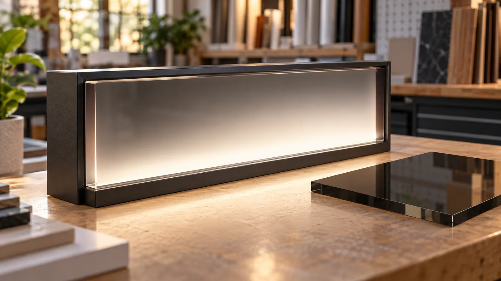 AI-generated sign-workbench concept with an illuminated acrylic face and dark unlit sample, not a measured transmission comparison