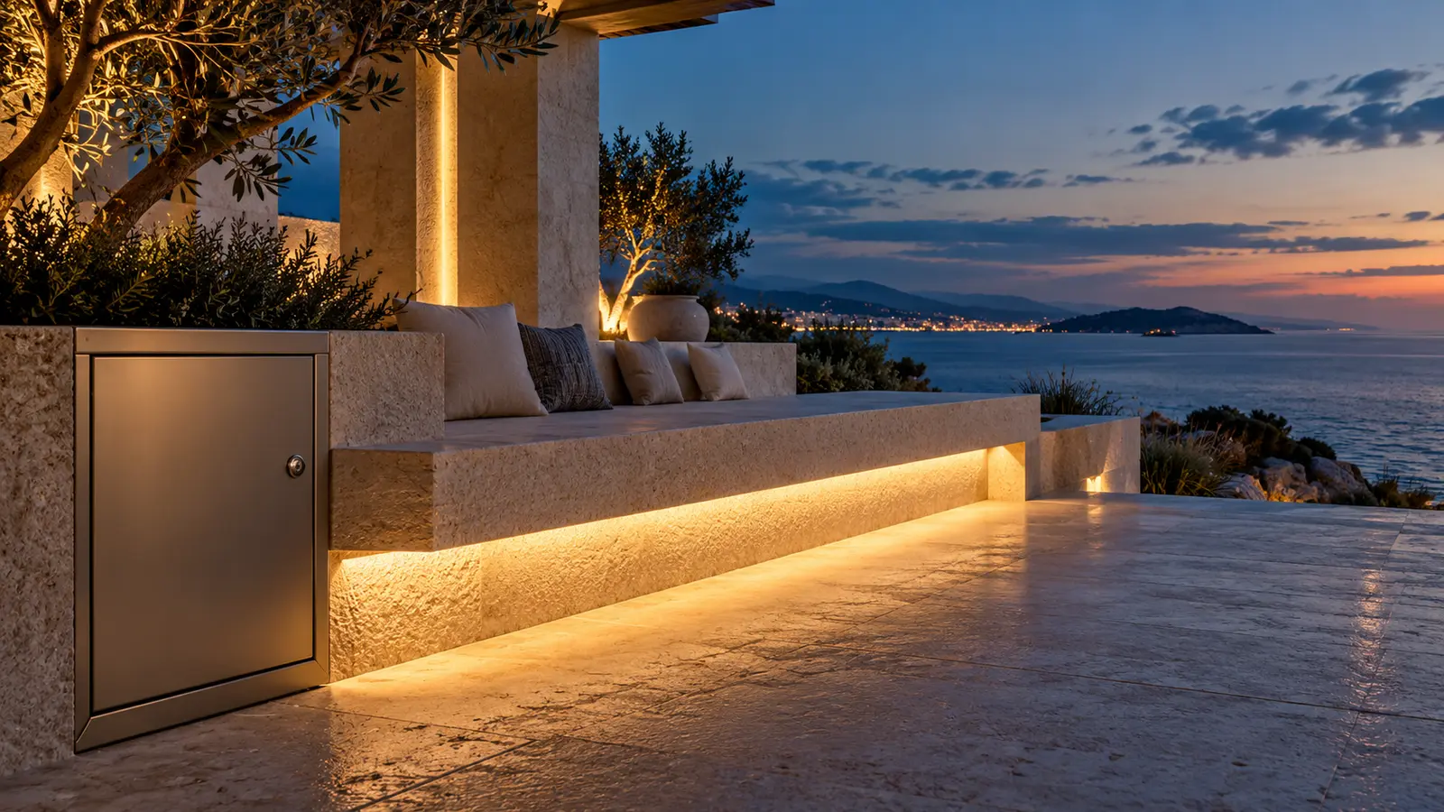 AI-generated Gulf coastal terrace lighting concept, not a real installation or evidence of salt-corrosion performance