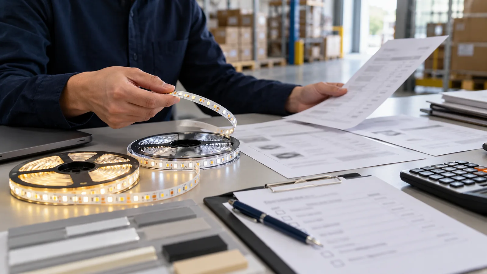 Concept illustration of LED strip samples and quotation sheets on a wholesale purchasing desk