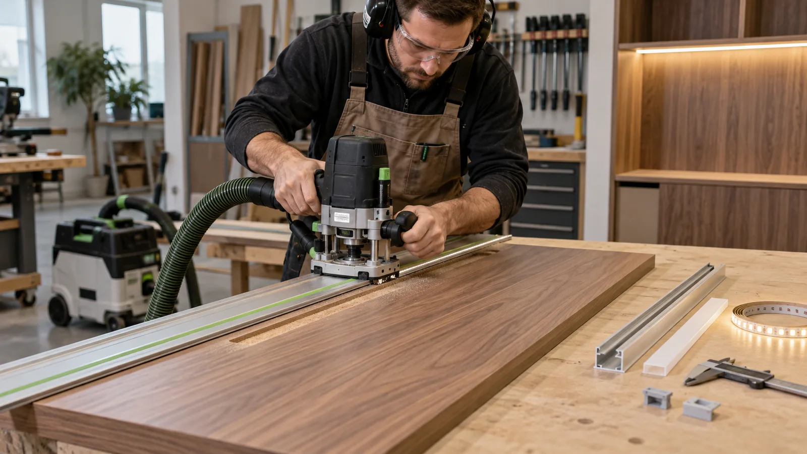 Joinery technician routing a straight wood slot for a recessed LED strip profile