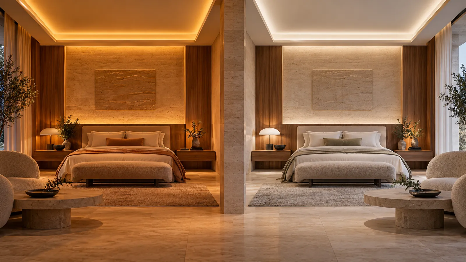 AI-generated hospitality interior comparing warm and neutral lighting moods, not measured color output or a customer project