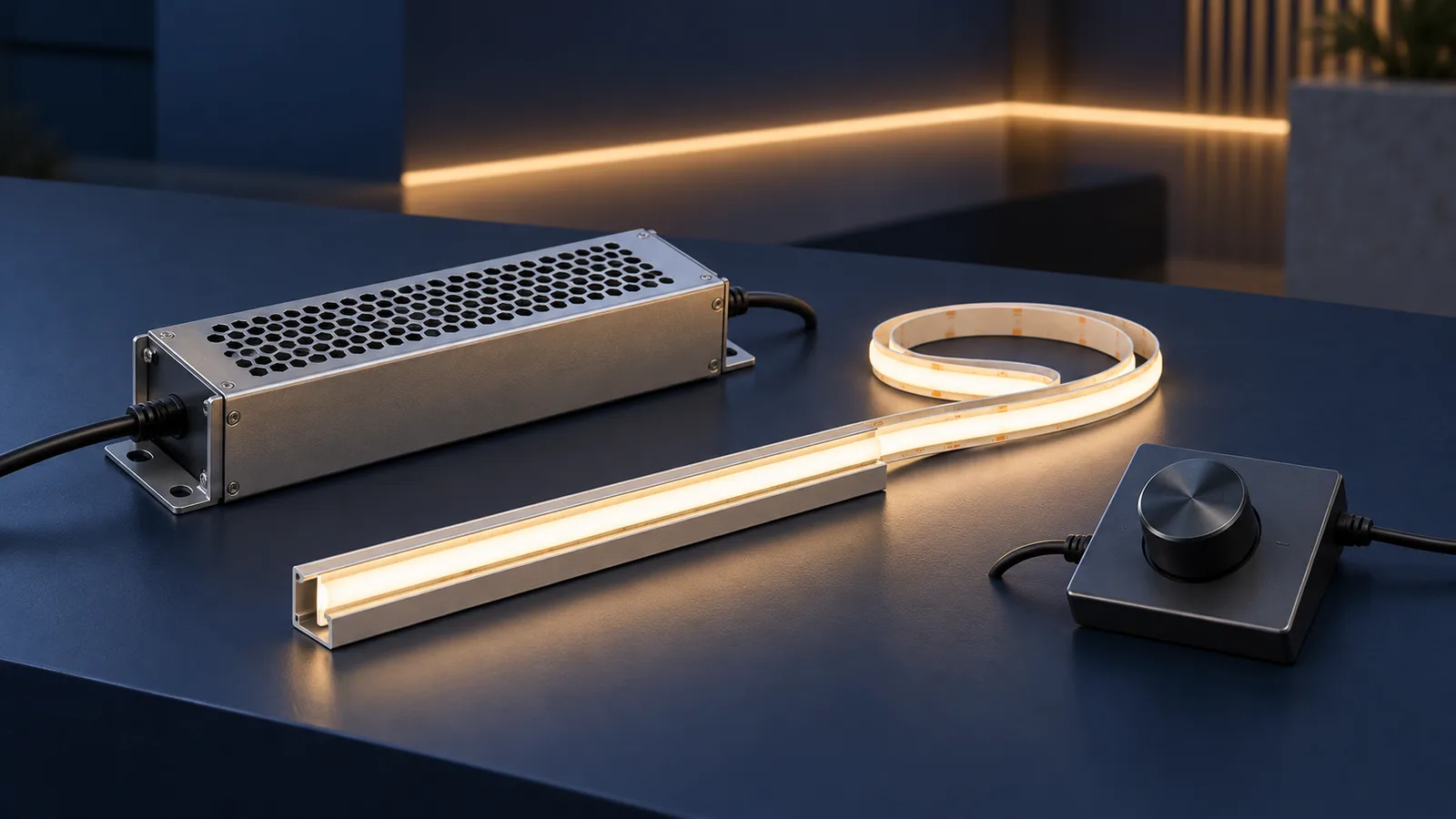 Concept illustration of an LED strip power supply and dimmer for capacity planning, not a tested electrical assembly