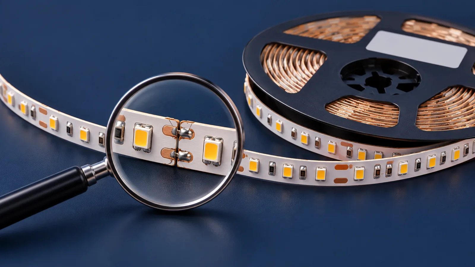Concept illustration of an unpowered LED strip seam under a magnifier, not an actual inspection result