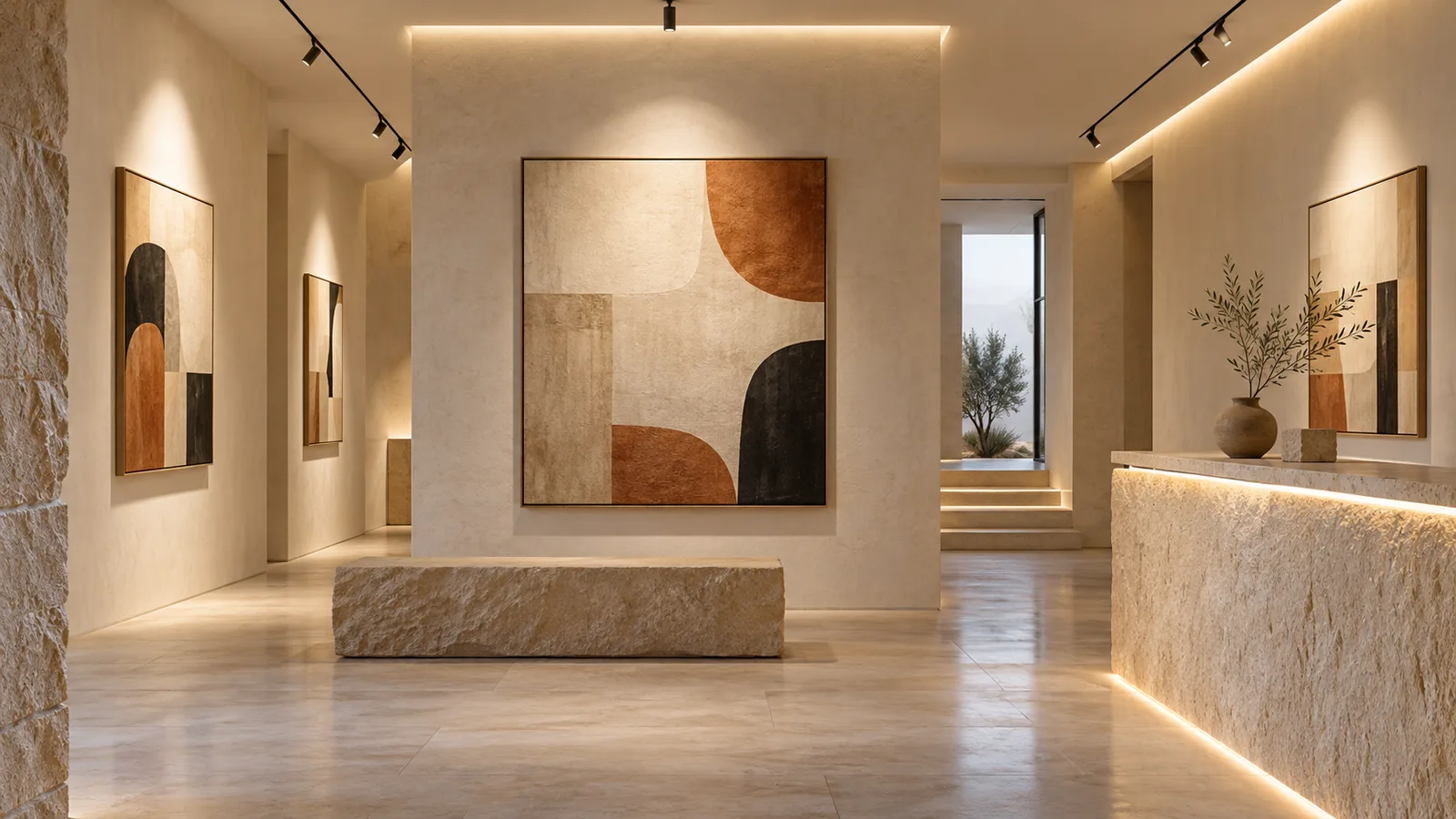 AI-generated Gulf gallery concept with concealed architectural linear light and separate artwork spotlights, not a real installation or conservation assessment