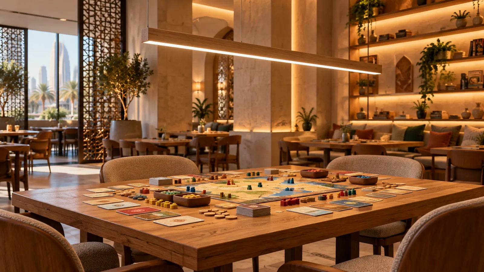 AI-generated board game café concept with soft table lighting and warm concealed background light, not a measured project
