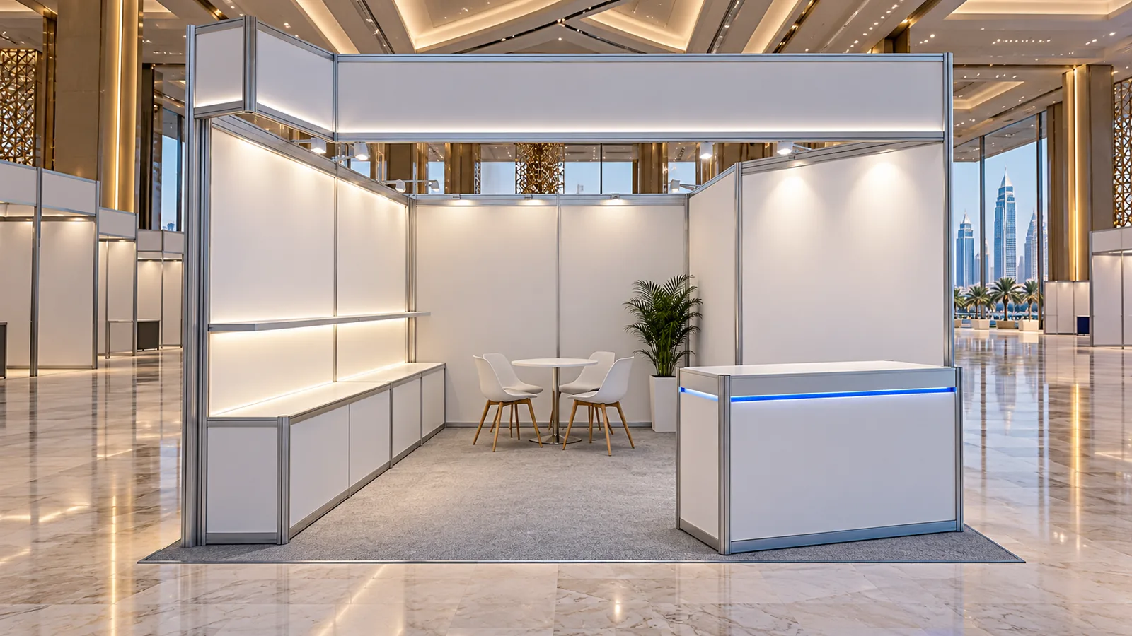 Architectural concept illustration of a modular Gulf exhibition booth with white fascia and shelf lighting and a separate blue counter accent