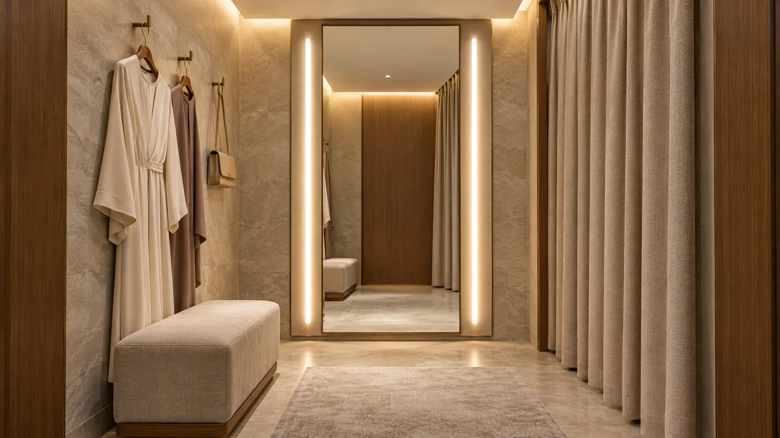 AI-generated boutique fitting room with full-length mirror-side light, a privacy curtain and ambient cove