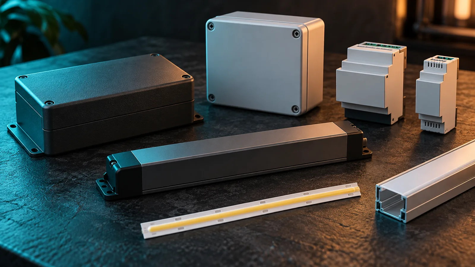 AI-generated generic enclosed lighting-controller and driver concepts; not photographs of the shortlisted models or a tested system