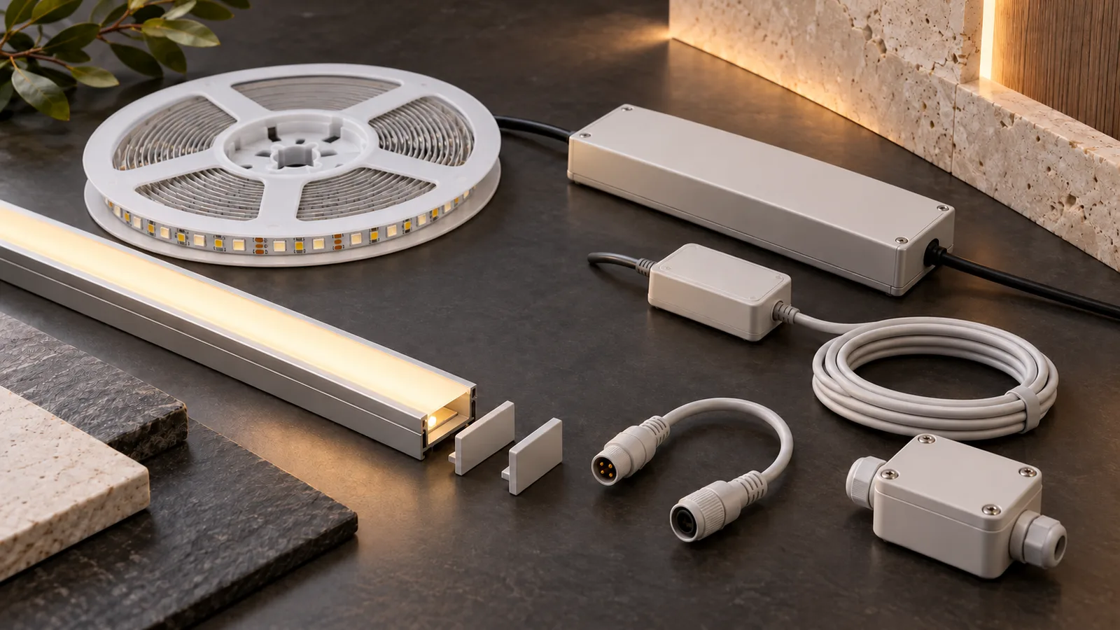 AI-generated planning concept showing an LED strip, profile, closed driver, controller and connection parts, not a supplied accessory kit