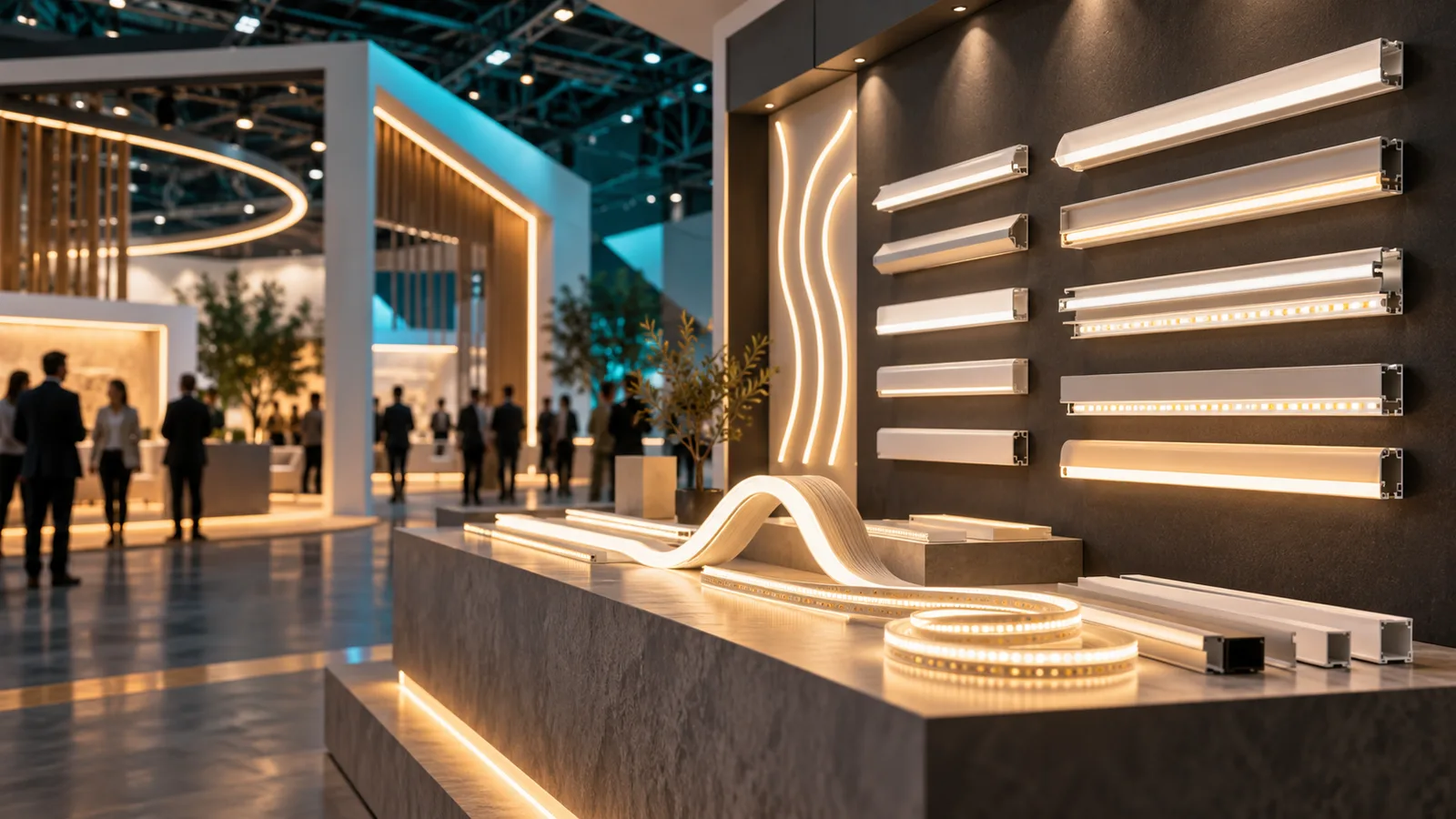 AI-generated linear-lighting exhibition booth concept, not a photograph of an actual event or LEDStripStar exhibition stand