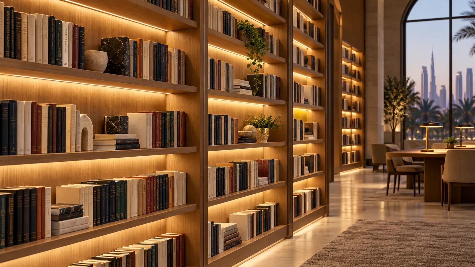 AI-generated library concept with concealed shelf lighting and separate reading-table lights