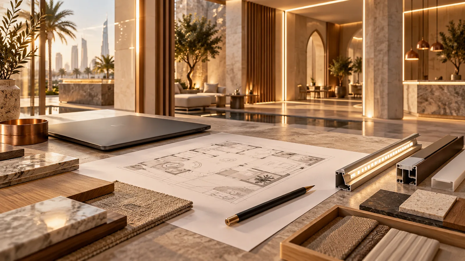 AI-generated lighting planning desk with a closed laptop and architectural concept, not a software screenshot or calculated lighting result