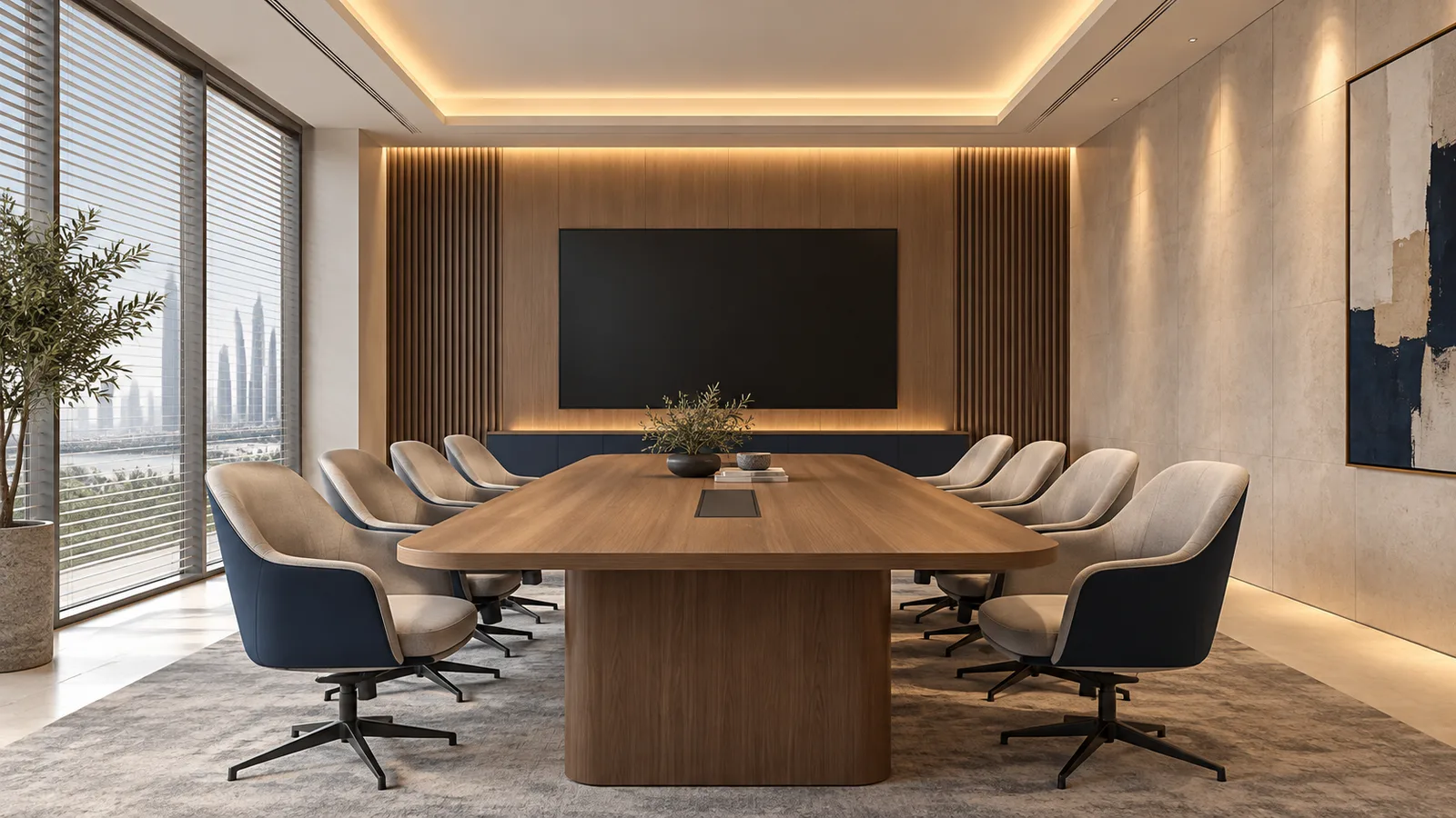 Concept illustration of a GCC meeting room with concealed cove and side-wall lighting, not a measured lighting design