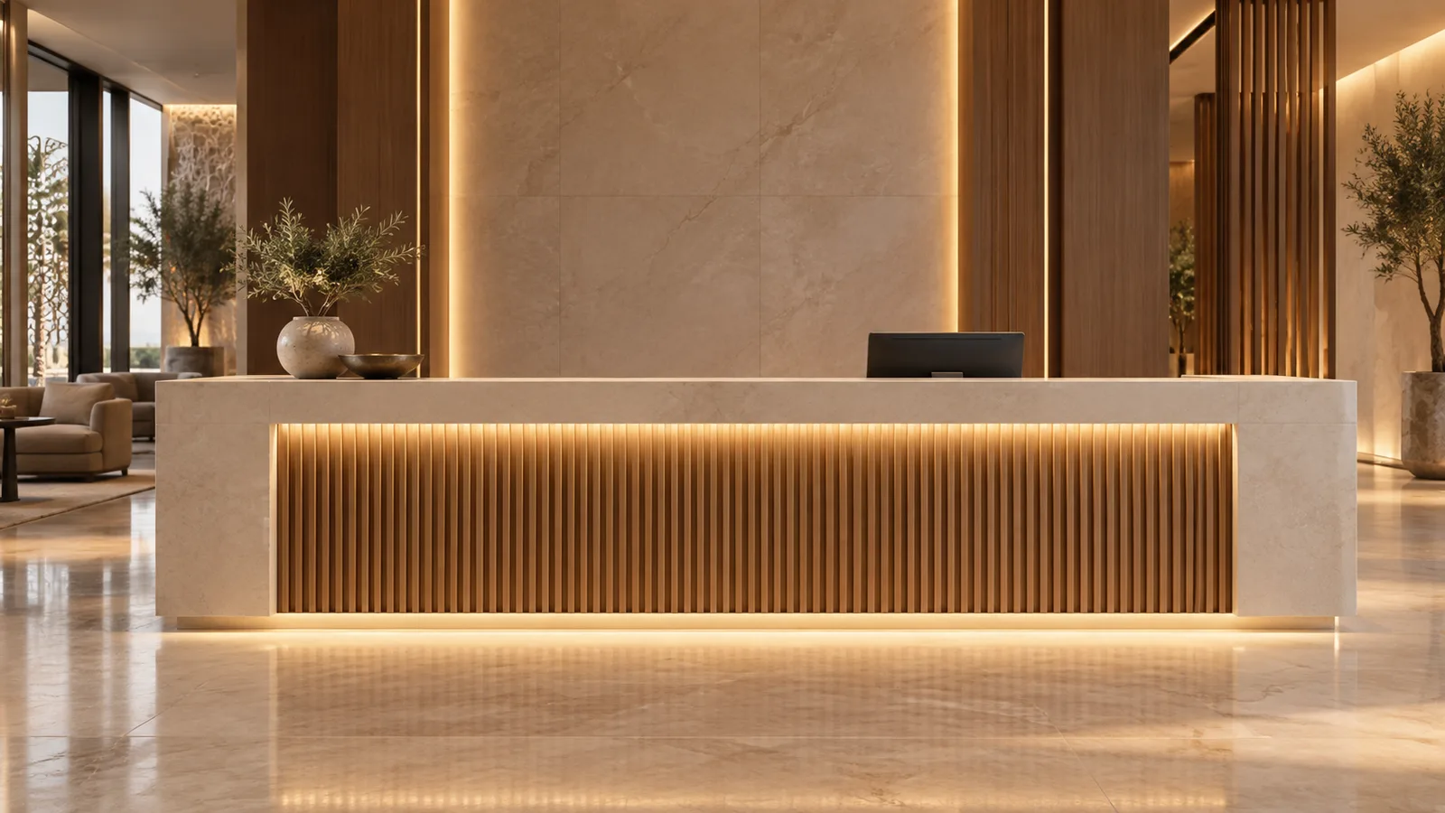 Concept visualization of concealed LED lighting on a reception counter, not a customer project or measured lighting design
