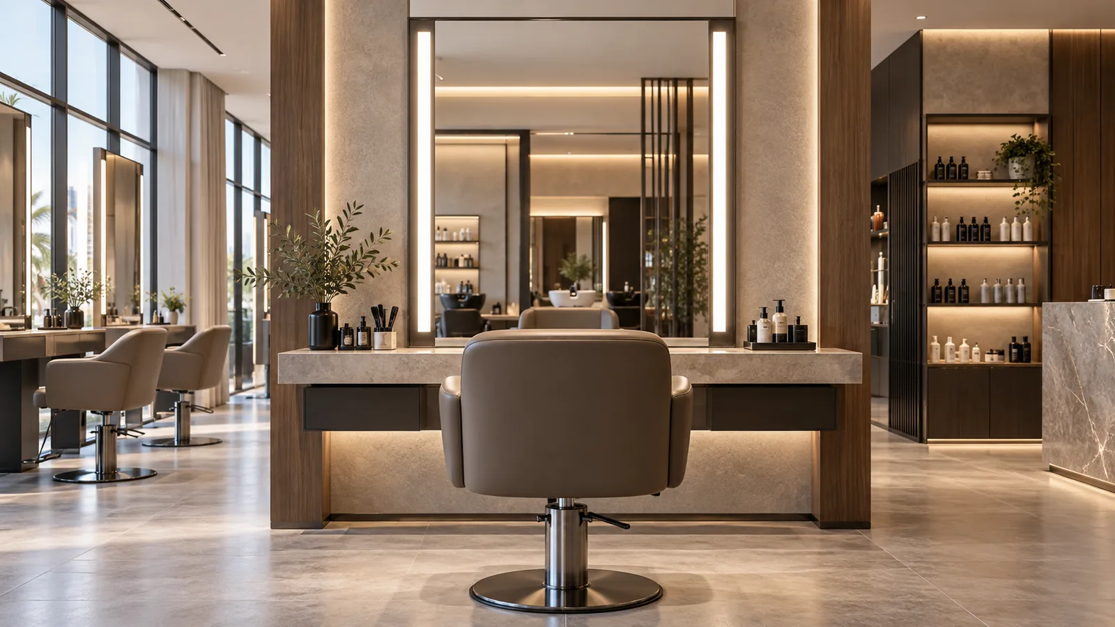 AI-generated salon concept with diffused mirror-side lighting, ambient coves and illuminated retail shelves