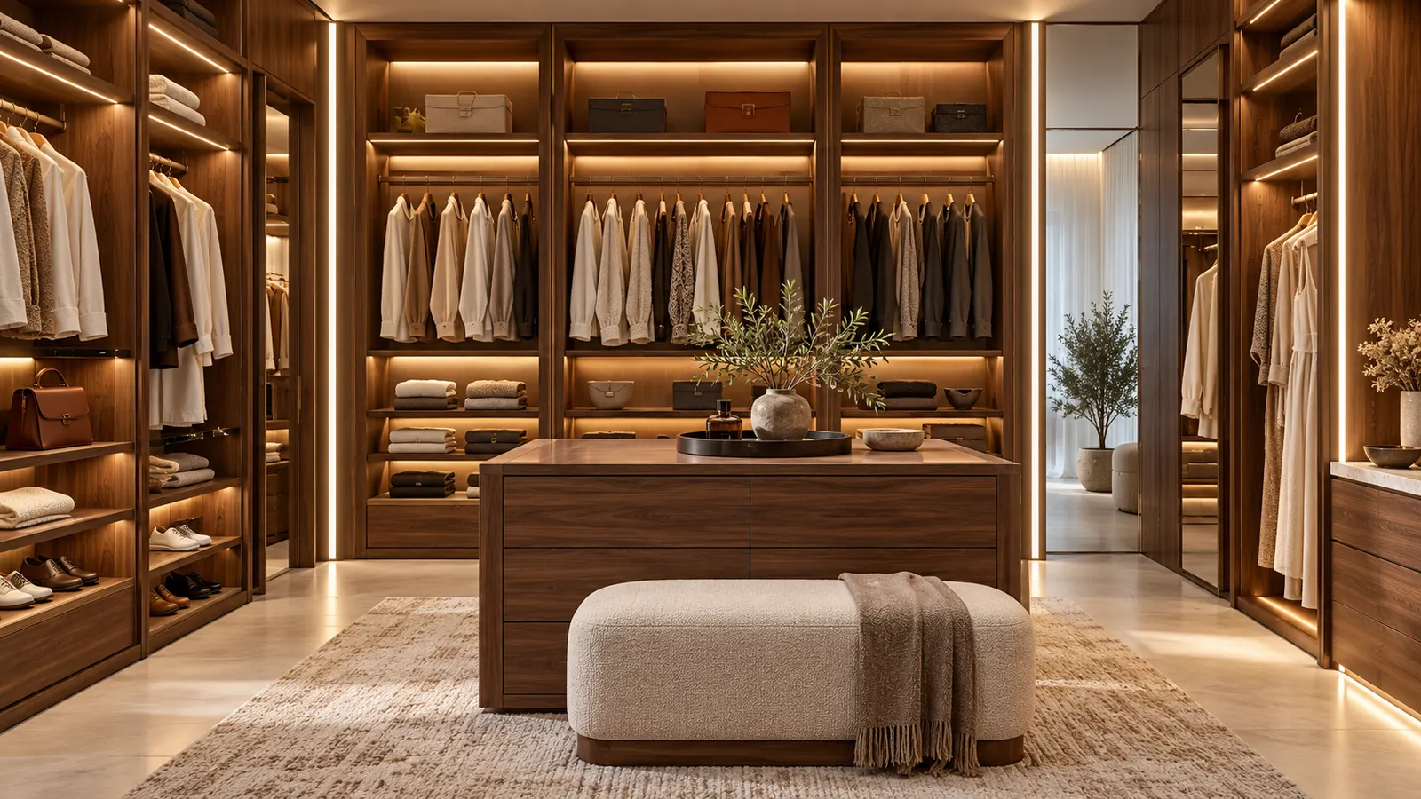 AI-generated walnut wardrobe with concealed vertical and shelf lighting, an illustrative layout rather than a completed customer installation