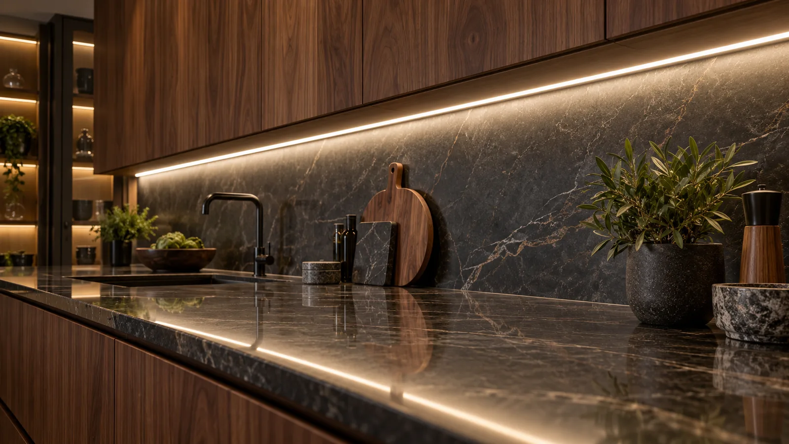 AI-generated kitchen concept showing linear cabinet light reflected in a polished stone countertop