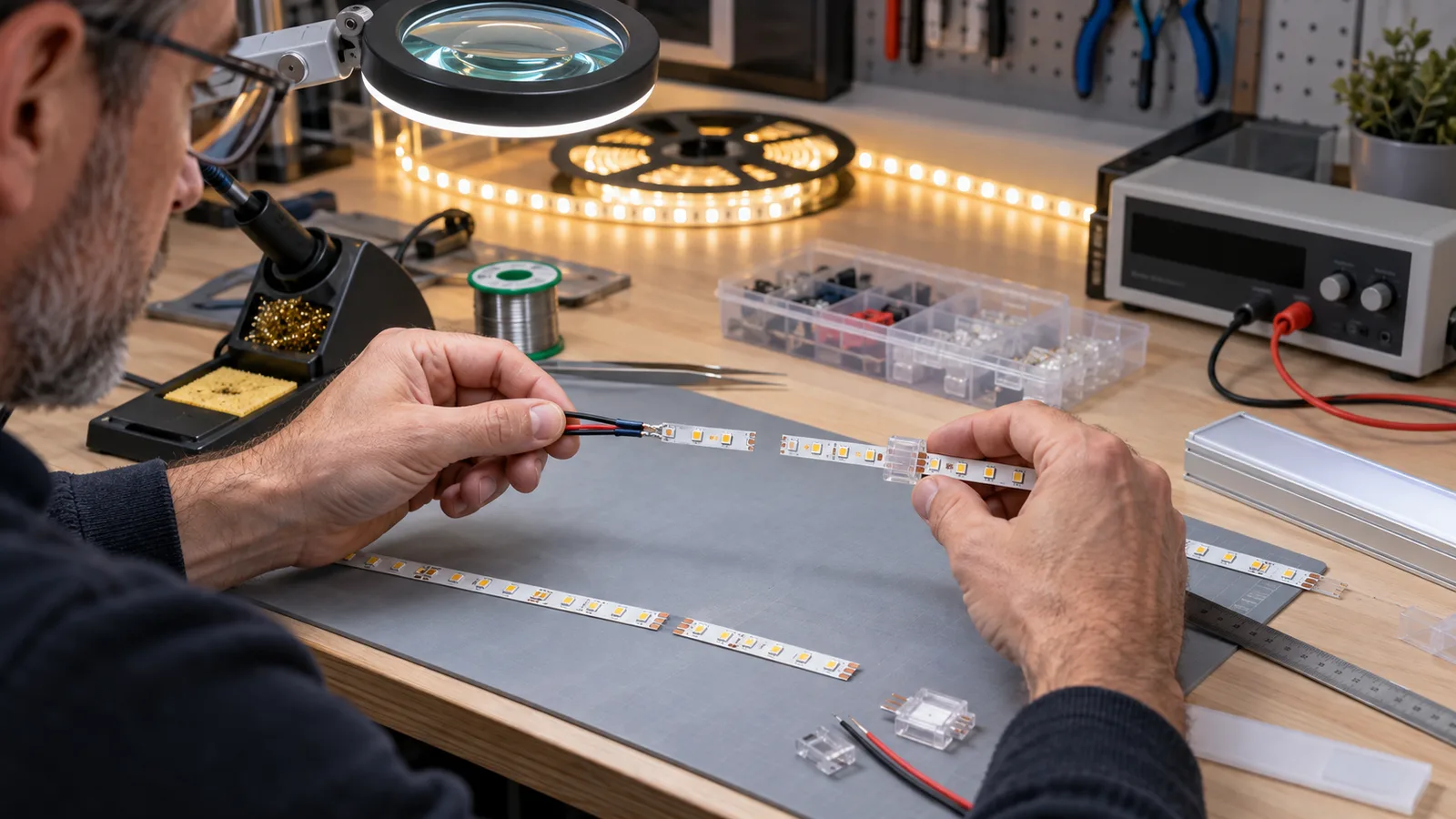 Technician comparing a soldered LED strip joint with a strip connector