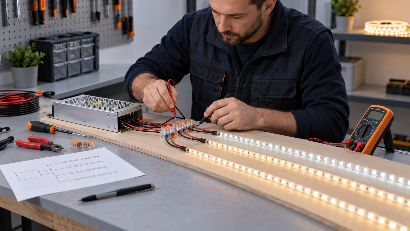 Technician checking parallel LED strip branch wiring and polarity