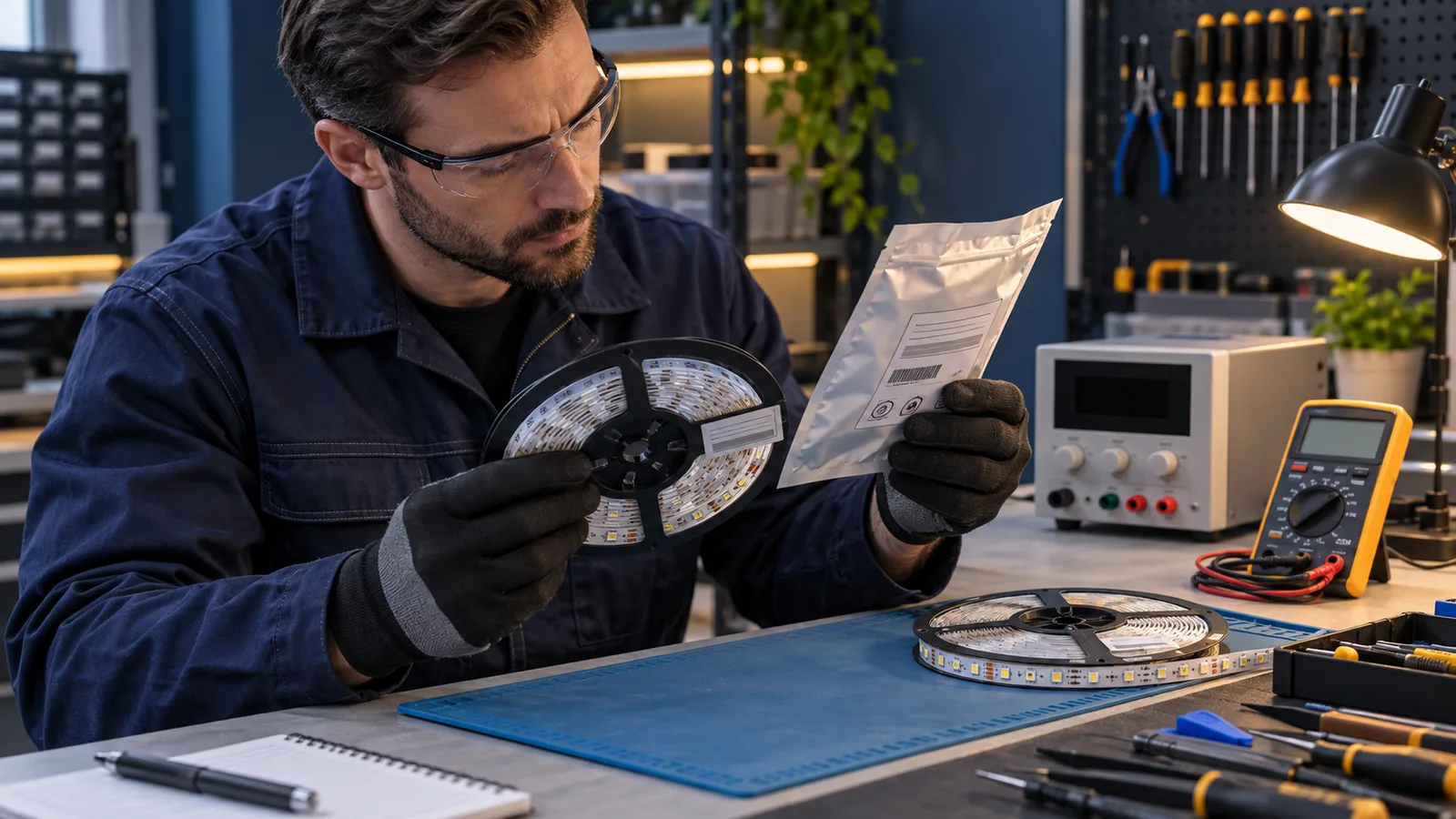 Technician checking LED strip labels and voltage with isolated test equipment