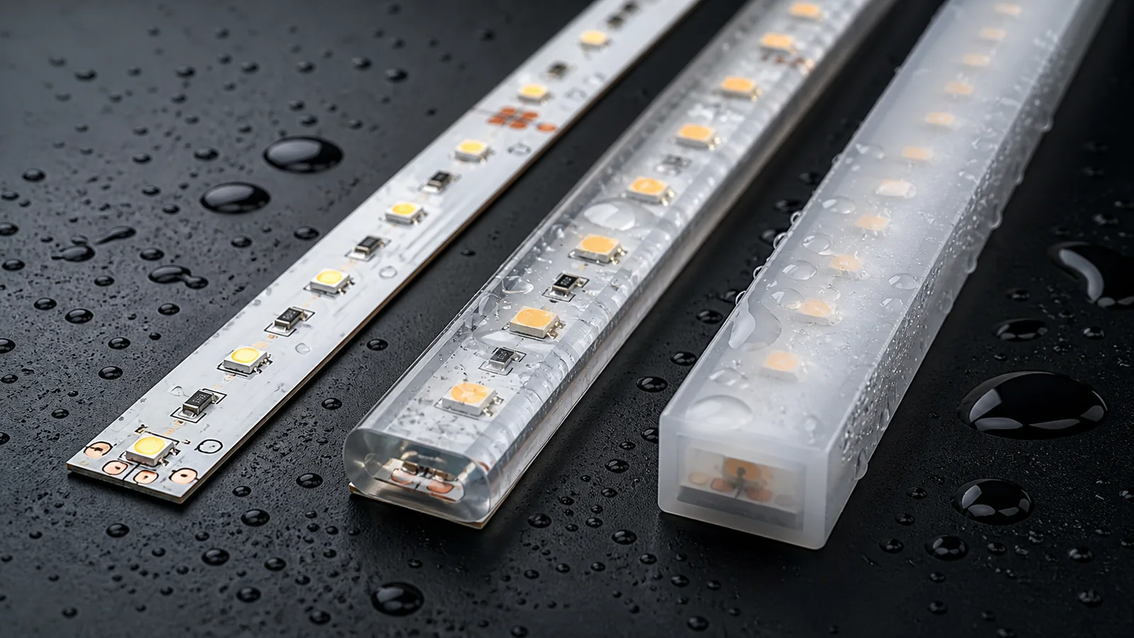IP20 IP65 and IP68 LED strip protection comparison