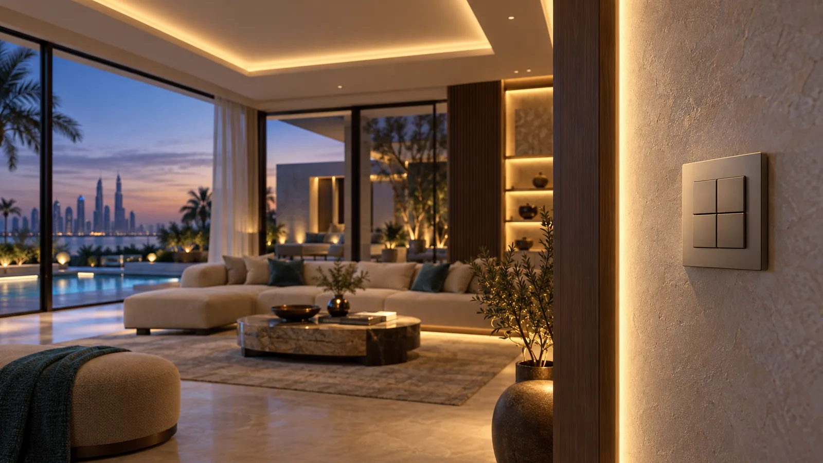 AI-generated villa cove-lighting and wall-keypad concept, not a verified KNX installation or customer project
