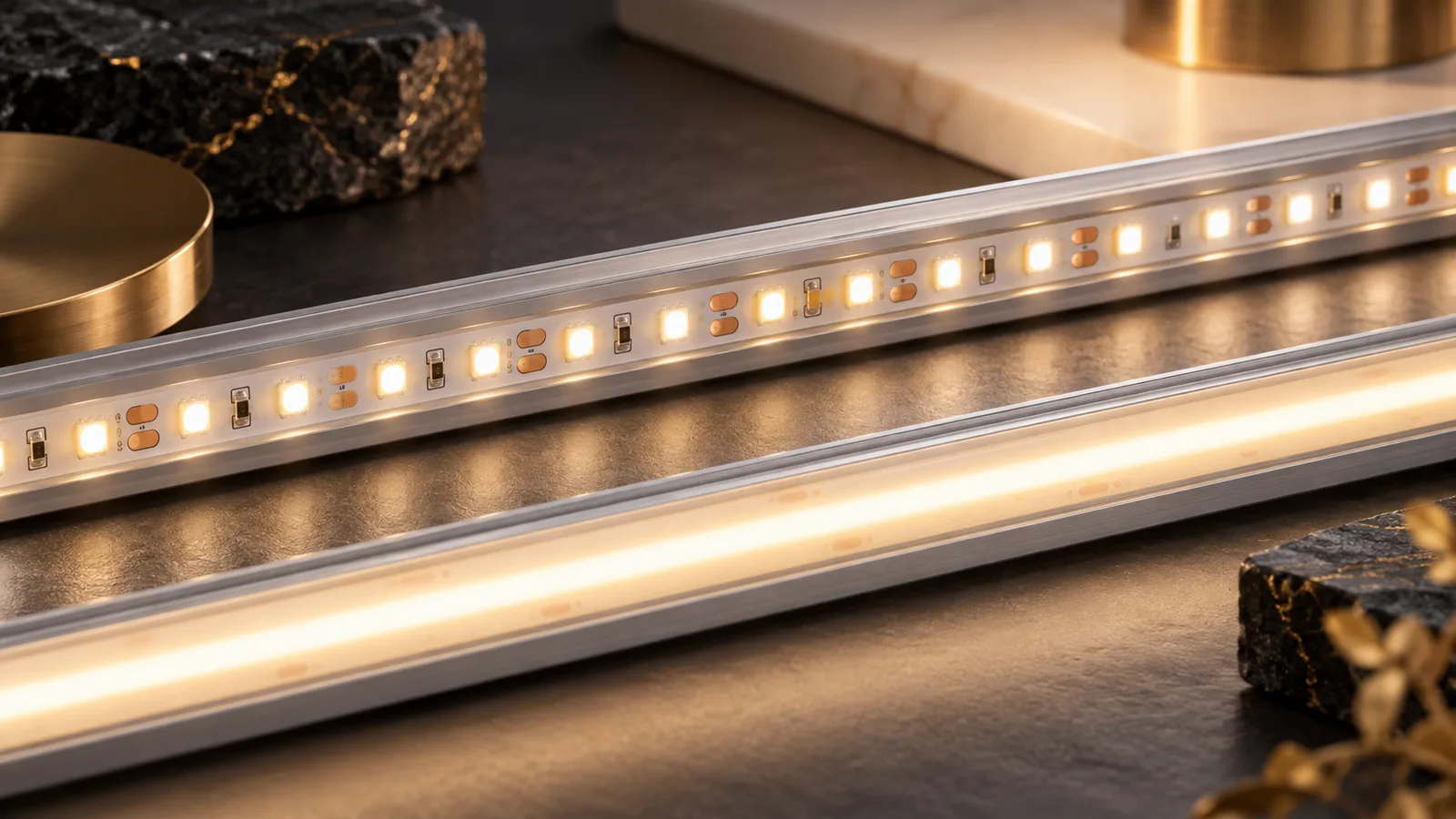AI-generated concept of discrete and continuous LED light lines in profiles, not a measured brightness comparison or exact catalog model