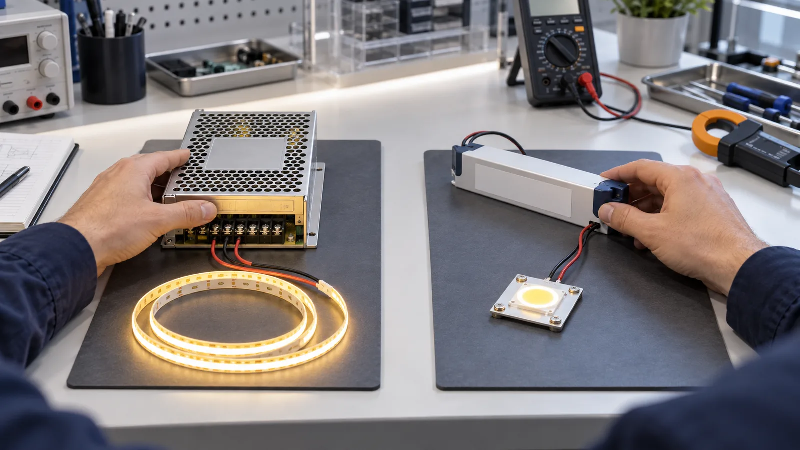 Constant-voltage LED strip supply compared with a constant-current LED driver