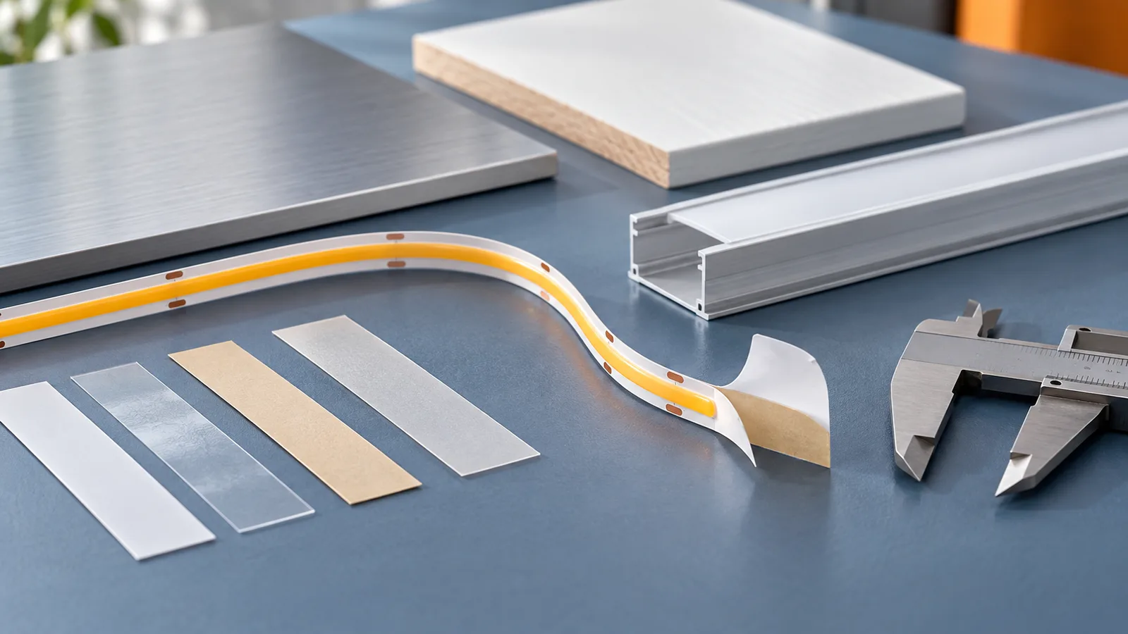 Concept procurement bench with backing tape samples, an unpowered LED strip and mounting substrates