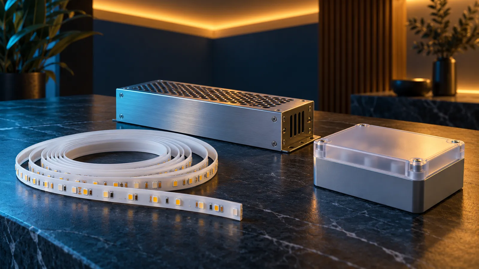AI-generated disconnected LED strip and enclosed electrical equipment concept, not a wiring diagram or measured fault test