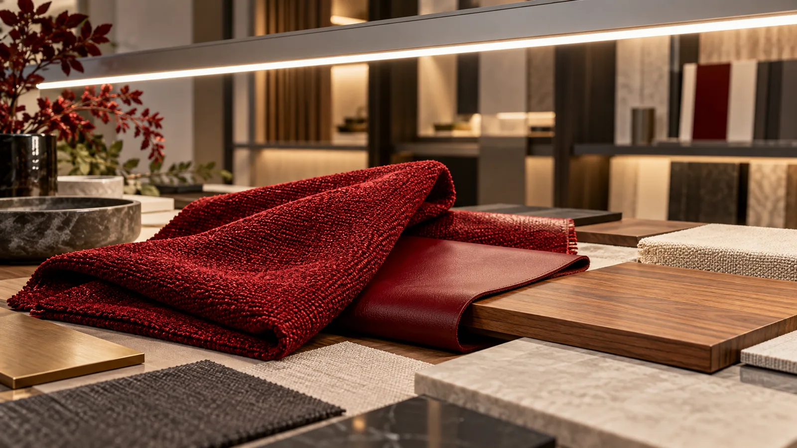 AI-generated concept of red fabric, leather and wood samples under a white linear light, not a color-rendering test