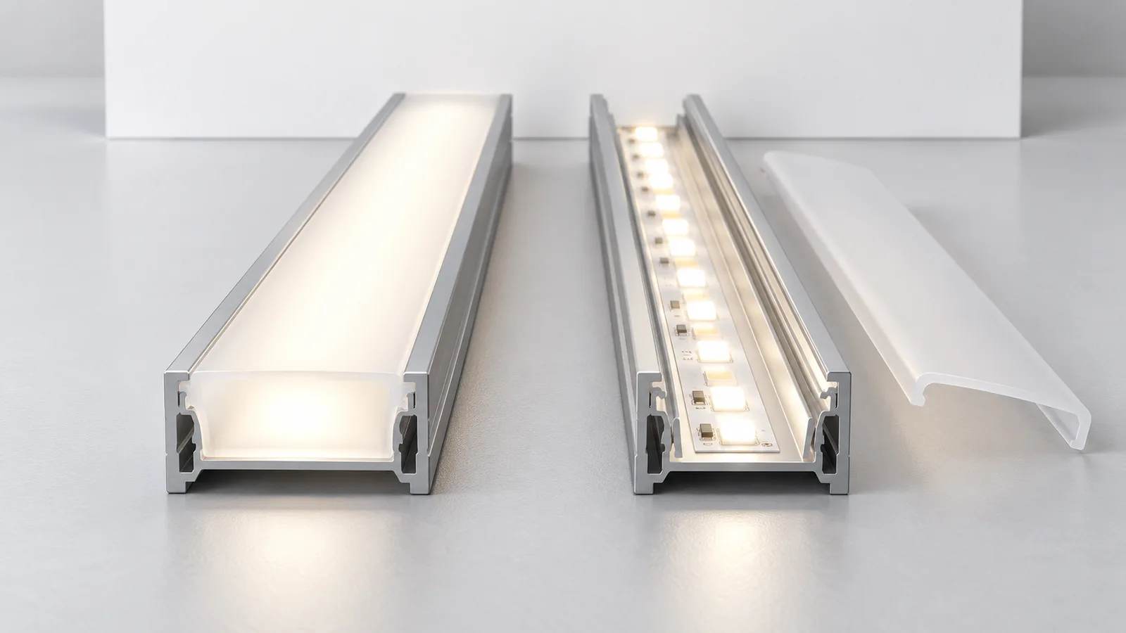 Concept illustration of covered and uncovered LED channels for checking diffuser appearance, not a measured color comparison
