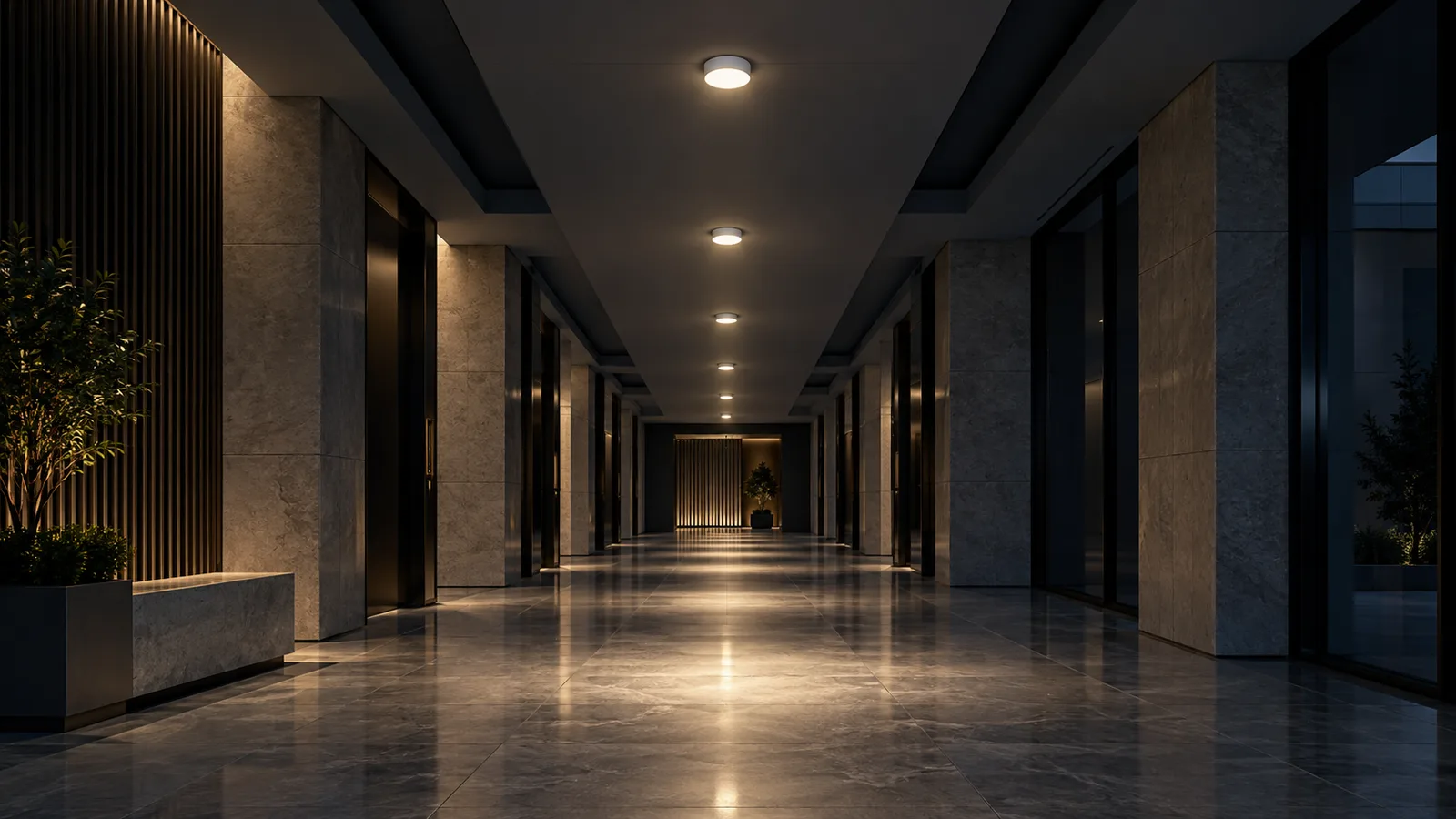 AI-generated corridor concept with dark decorative coves and separate lit emergency fixtures, not an approved installation or illuminance simulation