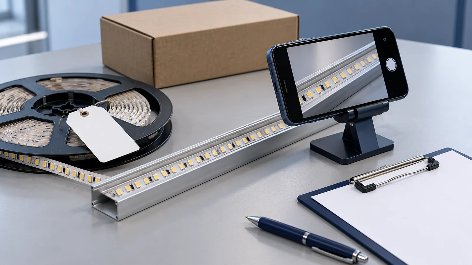 Concept illustration of a phone documenting an unpowered LED strip sample, not a real defect report or factory inspection