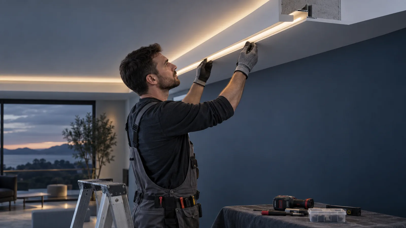 Installer fitting an LED strip profile into a gypsum ceiling cove