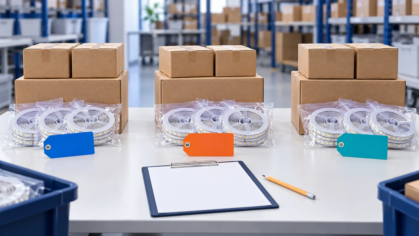 Concept illustration of LED strip reels and carton groups separated by destination, not an actual warehouse shipment