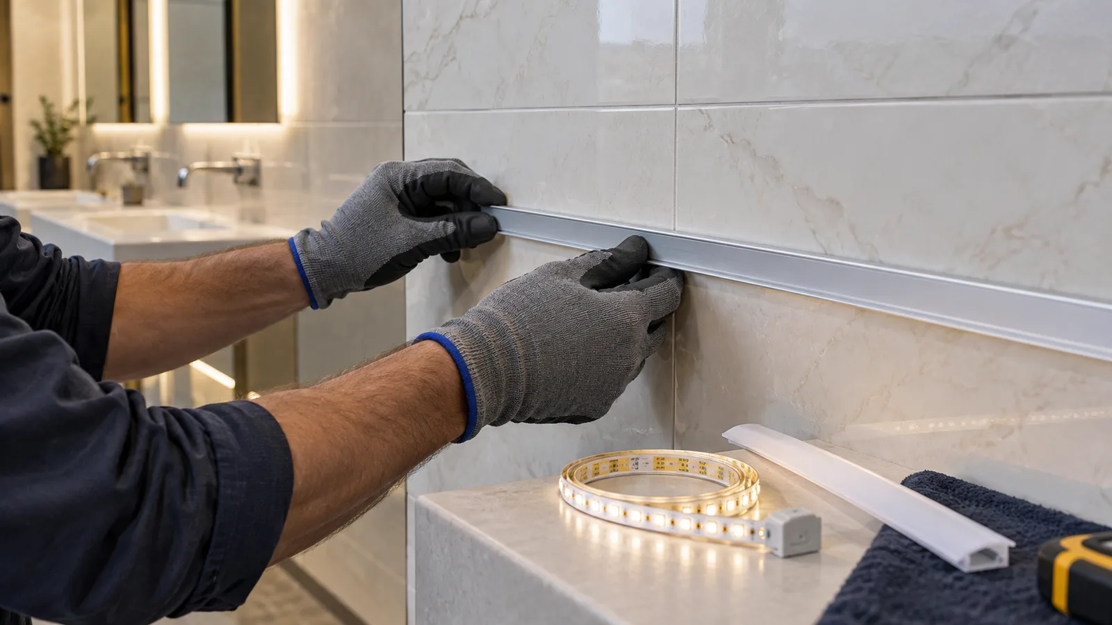 Installer fitting an LED strip aluminum profile onto clean glazed tile