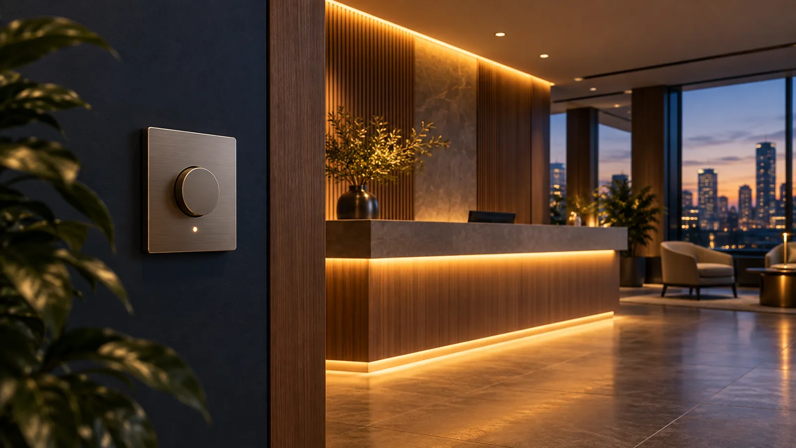 AI-generated concept of a lighting control beside an illuminated commercial reception