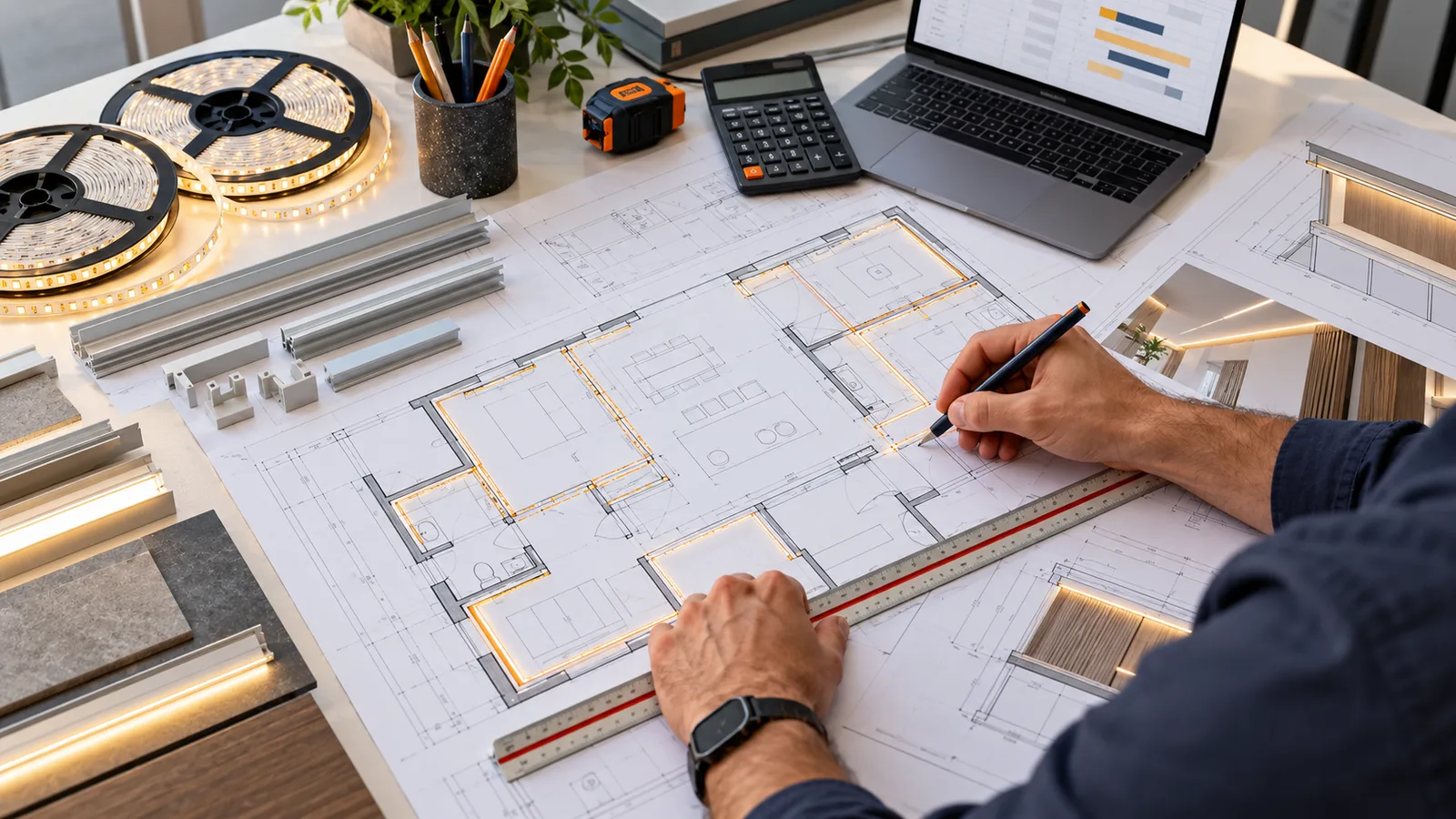 Lighting estimator measuring LED strip runs from architectural drawings