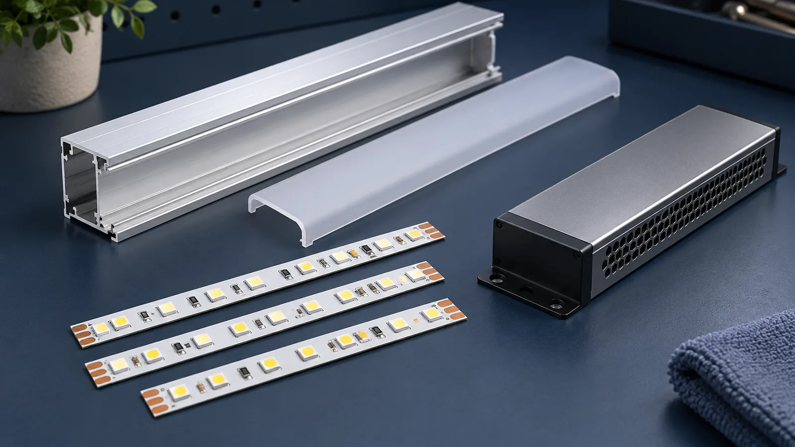 Concept illustration of unpowered LED strip samples, an aluminum channel and a power supply for a replacement compatibility check