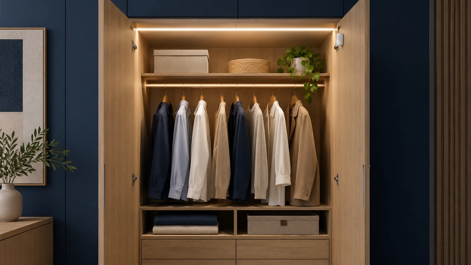 Concept illustration of concealed wardrobe lighting with a door sensor, not a verified installation