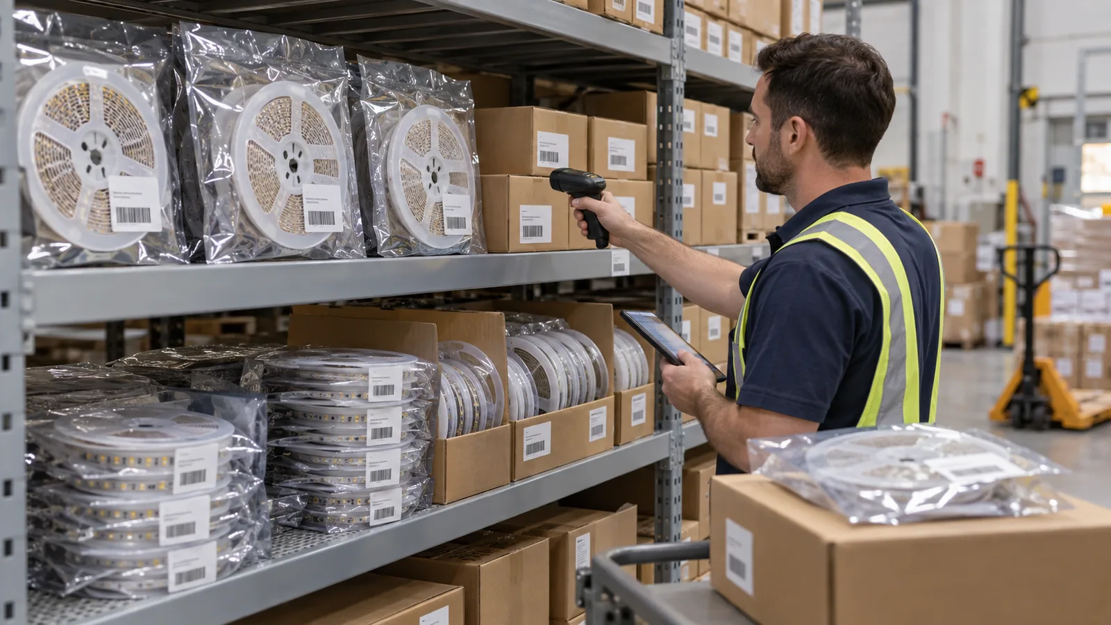 Warehouse shelves holding labeled LED strip reels in sealed bags and cartons