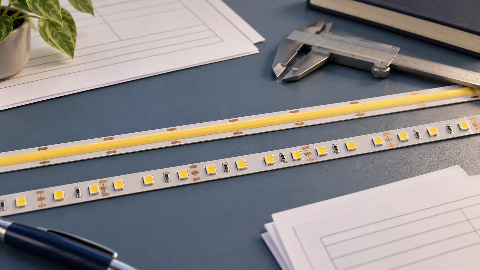 AI-generated comparison concept with unpowered COB and SMD strip samples beside specification sheets