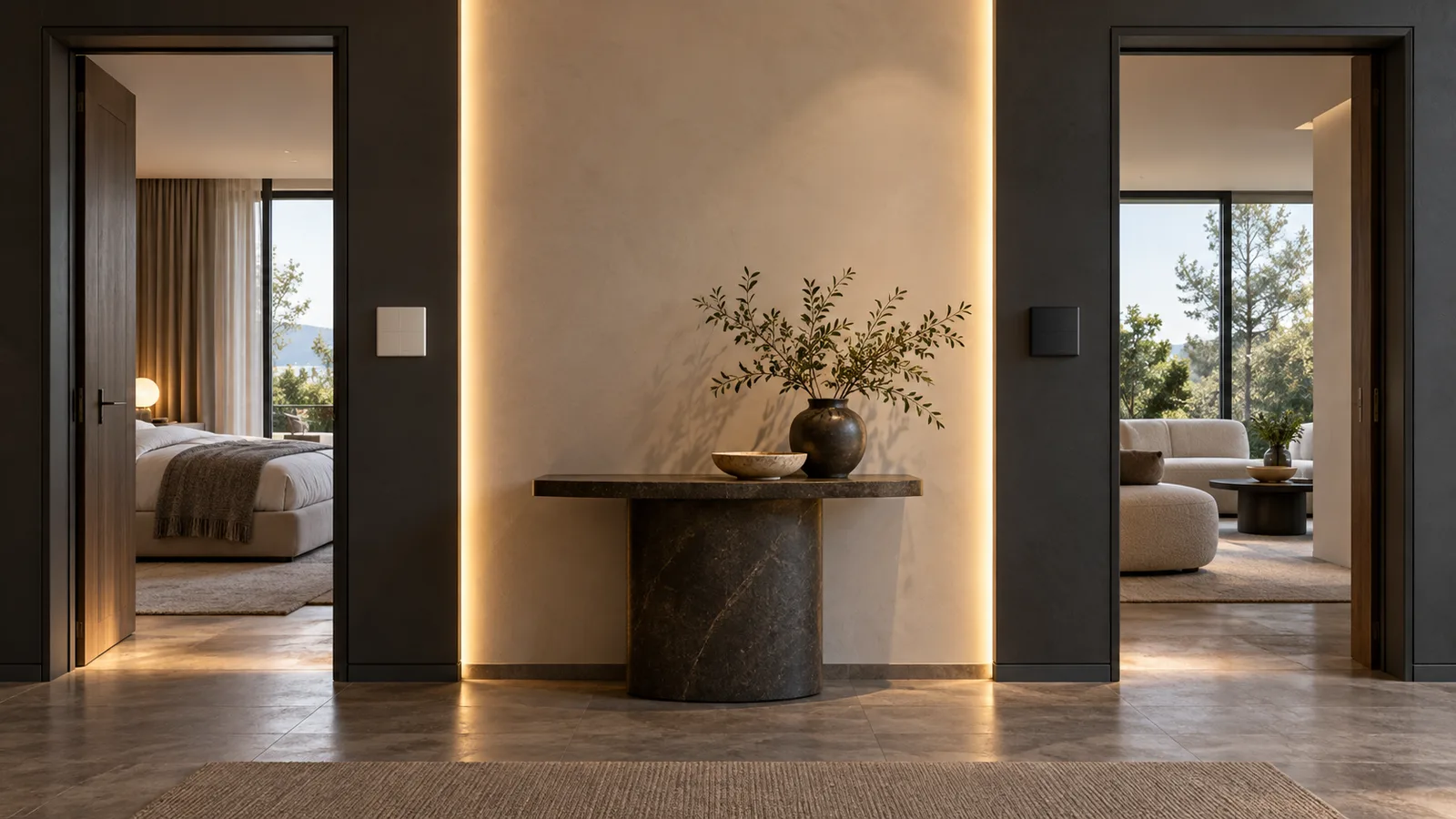 AI-generated corridor concept showing controls near two doorways and concealed linear light, not a wiring diagram or installed customer project