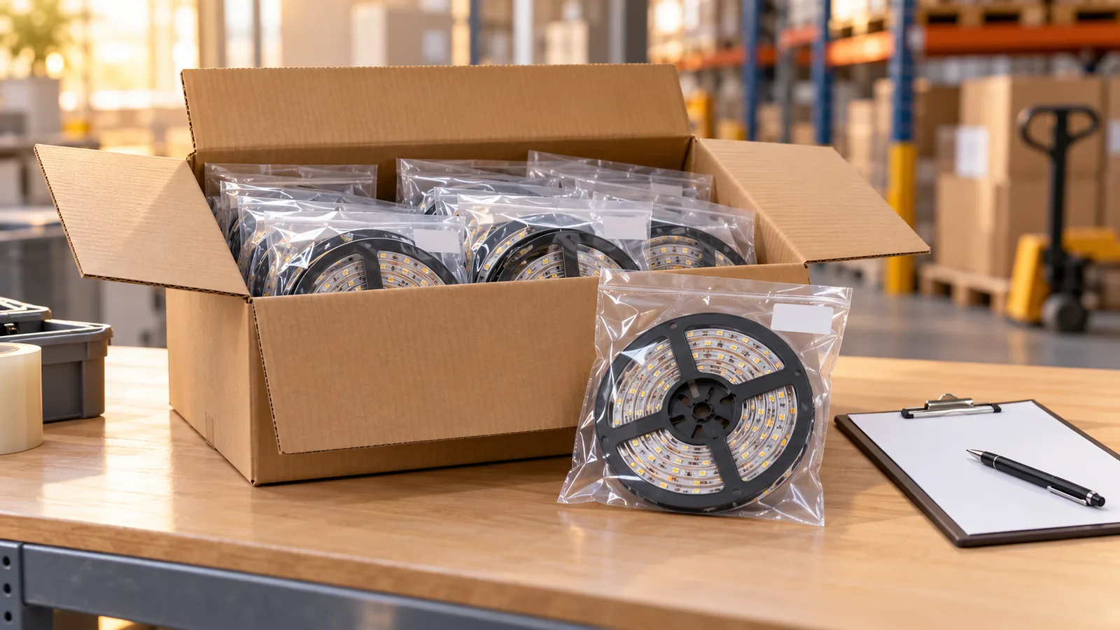 AI-generated warehouse receiving concept with packed LED strip reels and a blank inspection sheet