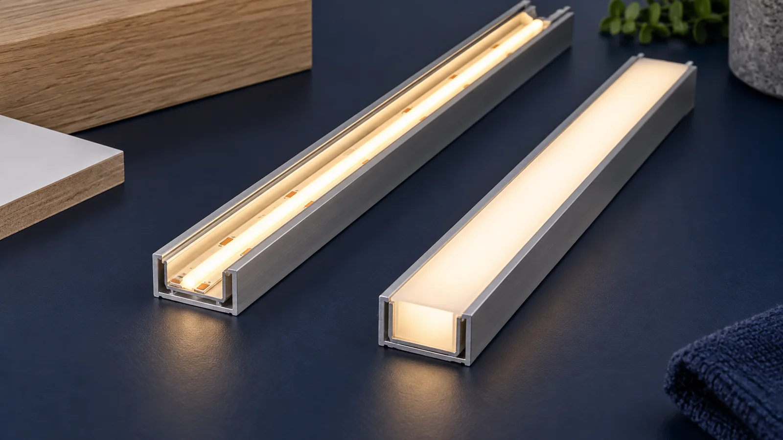 Open LED strip aluminum channel compared with the same channel fitted with an opal diffuser