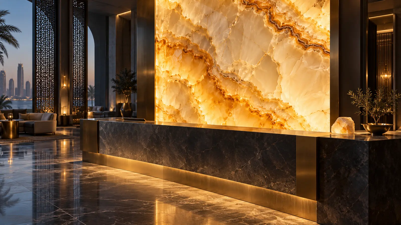 AI-generated translucent-stone reception feature concept, not a real customer installation or measured uniformity result