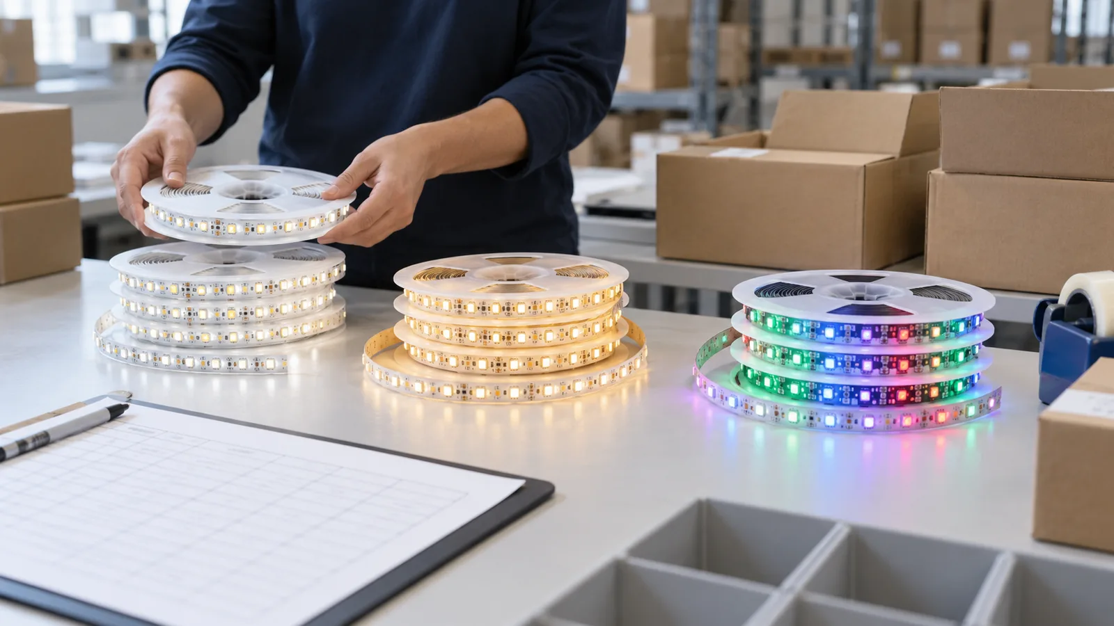 Concept illustration of different LED strip reel groups arranged for a multi-specification wholesale order