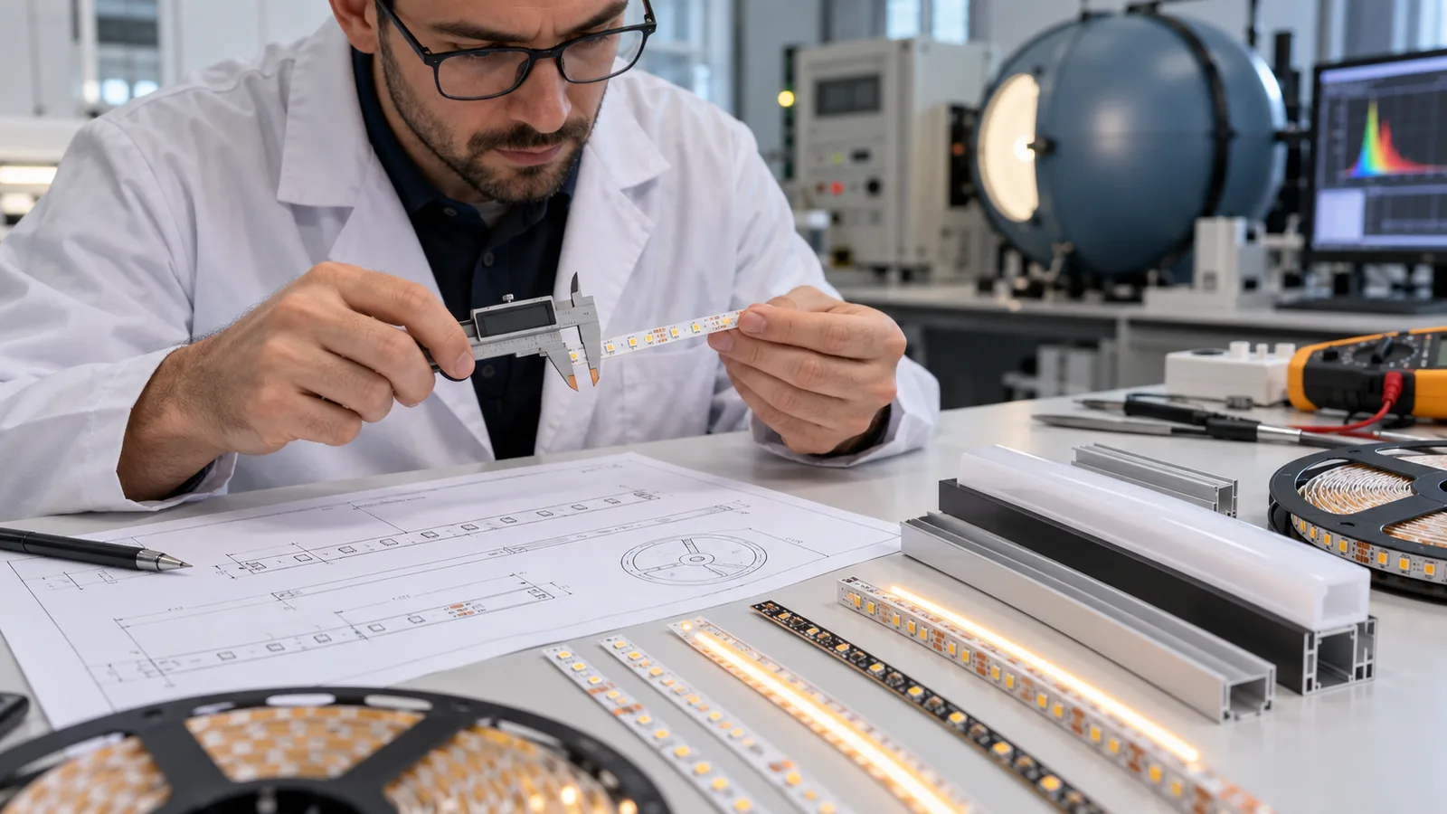 Engineer comparing LED strip samples with a technical datasheet and caliper